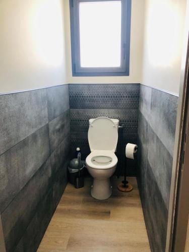 a bathroom with a toilet and a window at Maison moderne 3 chambres SPA-jacuzzi juin-septembre in Cerelles