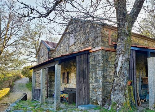 a stone house with a tree in front of it at Casa das Candeias in Melgaço