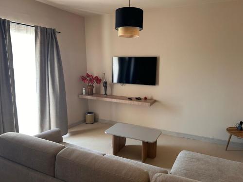 a living room with a couch and a flat screen tv at Boutique hotel Ruzmarin SPA & Garden by Aycon in Budva