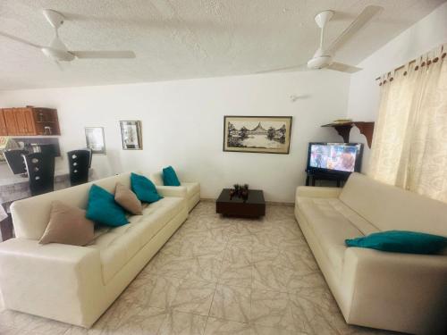 Una sala de estar con dos sofás y un televisor. en Valle lanceros Melgar, en Melgar