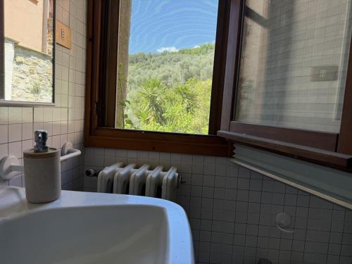 a bathroom with a white sink and a window at A BeautifuL Terrace on Paradise Imperia - by HOST4U in Montegrazie
