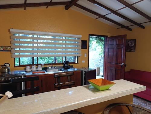 a kitchen with a sink and a window and a counter at Mirador Finca Morrogacho in Manizales