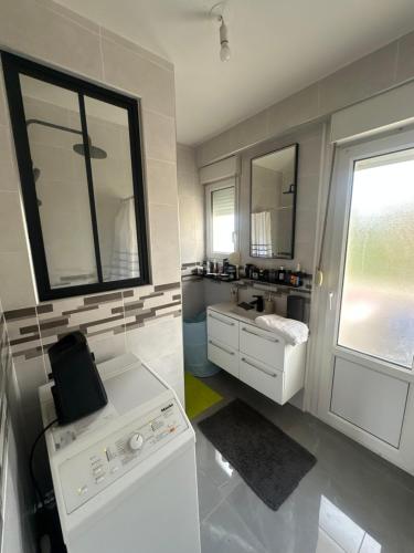 ein weißes Badezimmer mit einem Waschbecken und einer Waschmaschine in der Unterkunft Centre ville in Le Mans