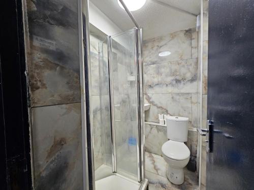 a bathroom with a toilet and a shower at Wapping Stay in London