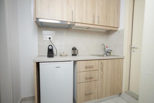 a small kitchen with wooden cabinets and a white dishwasher at Eftihia Studios Paleochora in Palaiochóra