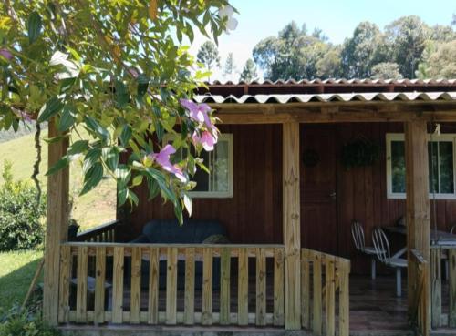 a wooden cabin with a porch with purple flowers at Cabana in Annitapolis