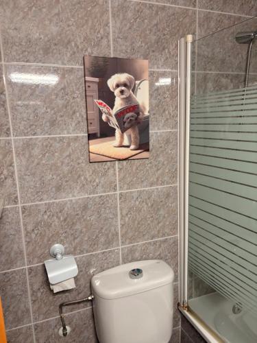 - une salle de bains avec une photo d'un chien sur le mur dans l'établissement Muy cerca de la playa Gran piscina wifi gratis Port Aventura, à Miami Platja