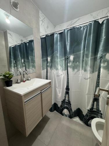 a bathroom with a shower curtain with the eiffel tower at Alojamientosvillamaria in Villa María
