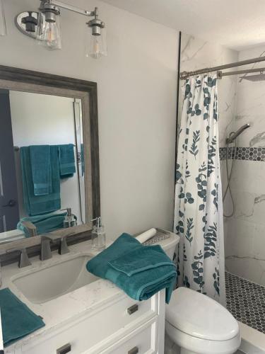 Perfect Getaway-Lovely Cottage House- Near Beaches في نوكوميس: حمام مع حوض ومرحاض ومرآة