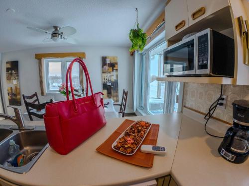 Un bolso rojo y una bandeja de comida en la encimera de la cocina. en Logis des prodiges - Le 777, en Rouyn
