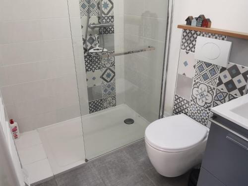 a bathroom with a shower and a toilet at Maison rénovée, animaux admis, proche plage et centre-ville - FR-1-194-296 in La Tranche-sur-Mer
