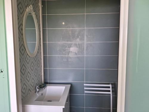 une salle de bain avec un lavabo et un miroir dans l'établissement Studio cosy à Royan - 21m² pour 2 personnes - FR-1-550-92, à Royan