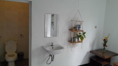 a white bathroom with a sink and a toilet at Bukit Kembar Ecotourism in Gitgit