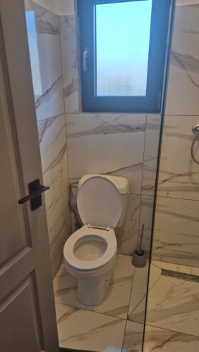 a bathroom with a white toilet with a window at Cabana Bendis in Suciu de Sus