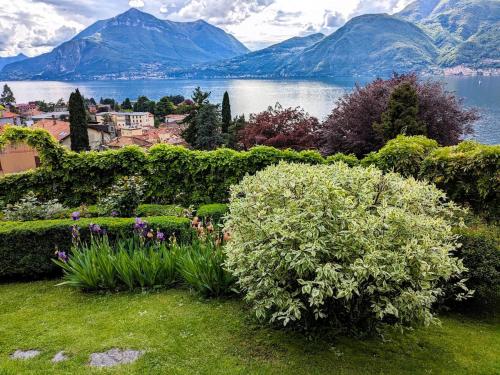 a garden with a view of a lake and mountains at Beautiful new apartment with private entrance and parking 5 min walking from center in Bellano