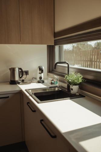 a kitchen counter with a sink and a window at Berti in Upesgrīva