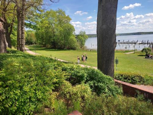 a group of people walking down a path in a park at Ferienwohnung Steffenshagen in Pritzwalk