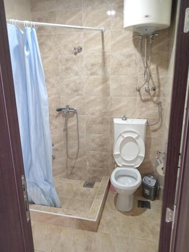 a bathroom with a toilet and a shower with a shower curtain at Vila Milano in Rakari