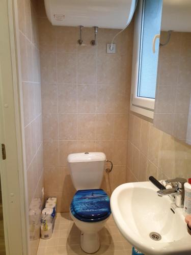 a bathroom with a toilet with a blue seat and a sink at Kuressaare Centrum in Kuressaare