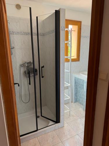 a shower with a glass door in a bathroom at Altagna in Olmeto