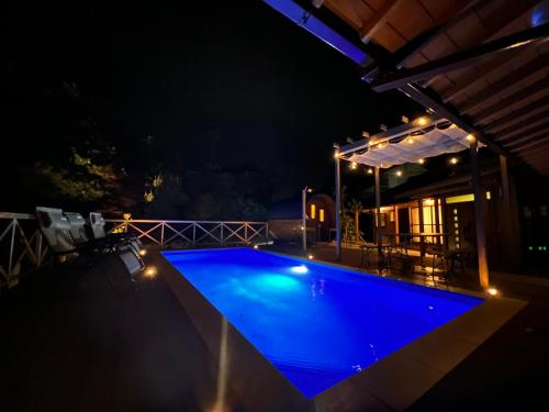 a blue swimming pool at night with lights at パーパスリゾート EG Sky terrace 熱川 in Higashiizu