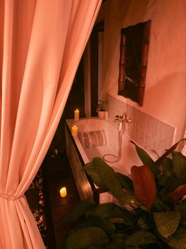 a bathroom with a tub and a window with a plant at Curieux Refuge in Saint-Paul