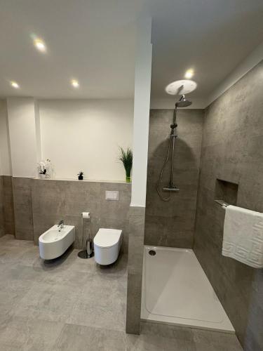a bathroom with a sink and a toilet and a tub at Apartments Lili in Senj
