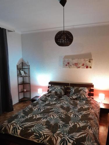 a bedroom with a bed and two lamps and a light at Le gîte de l'Ecureuil - 4 personnes in Donges