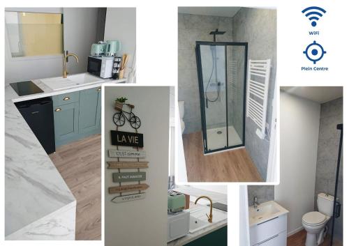 a collage of pictures of a bathroom with a shower at HYPER CENTRE AVEC JARDIN 47m2 COSY in Boulogne-sur-Mer