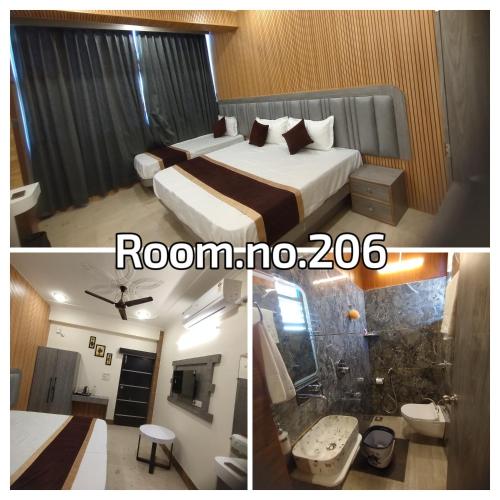 two pictures of a hotel room with a bed and a bathroom at Cozy Home Stay in Varanasi