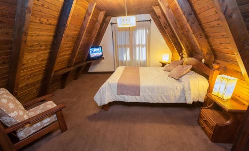 Dormitorio con cama y TV en una cabina en Cabañas Antilhue en San Martín de los Andes