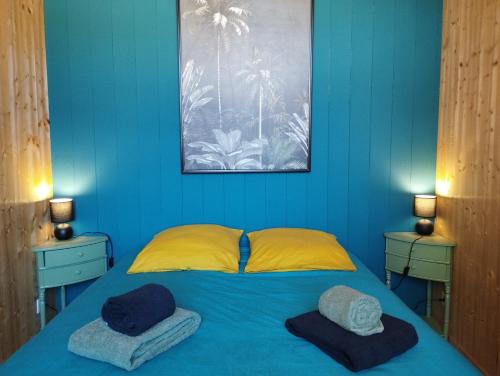 a blue bedroom with a bed with towels on it at la ferme de la chanvriole in Mercuer