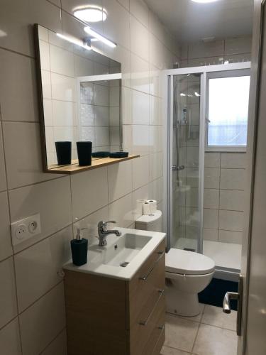 une salle de bain avec un lavabo, des toilettes et un miroir dans l'établissement Évadez vous à deux pas de l'océan ! Maison tout confort à seulement 6 min de la plage à vélo, à Les Sables-dʼOlonne