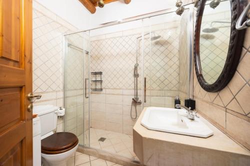 a bathroom with a shower and a sink and a toilet at Villa Anta in Astérion