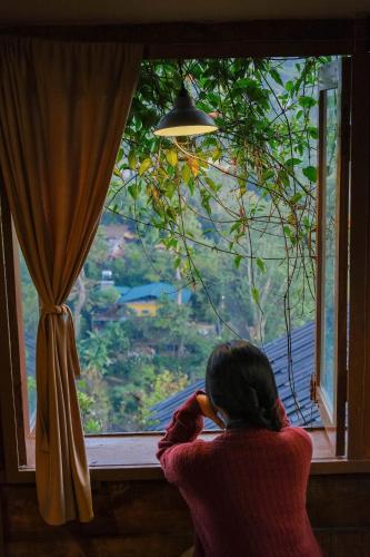 a woman sitting in a chair looking out of a window at Cú Trên Cây Homestay in Xuan An
