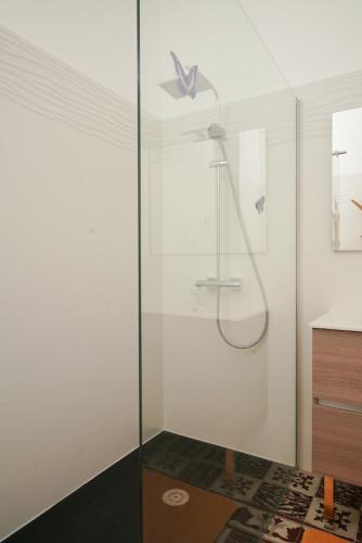 une douche avec une porte vitrée dans une salle de bain dans l'établissement Maison Pamplemousse, à Arles