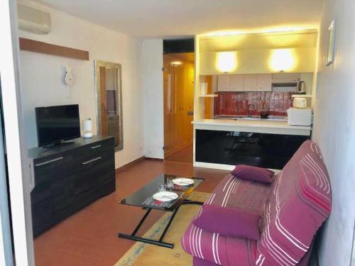 un salon avec un canapé et une table dans l'établissement Appartement 230, Port Ambonne au village naturiste, au Cap d'Agde