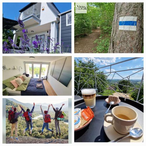 a collage of photos with people jumping and a house at Várta-Lak Panoráma Présház Vendégház in Bakonycsernye