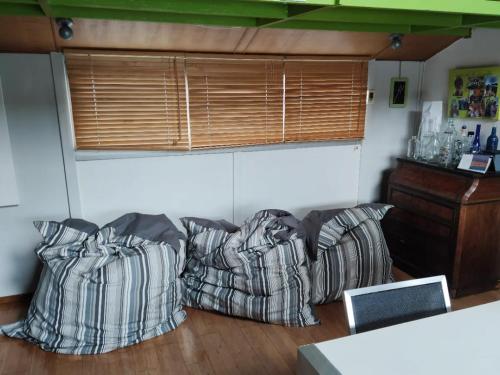 sala de estar con sofá con almohadas y ventana en Péniche atypique - 13 min de Paris - Loft privée, en Juvisy-sur-Orge