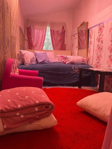 a bedroom with two beds and a red carpet at Baratsagos in Budaörs