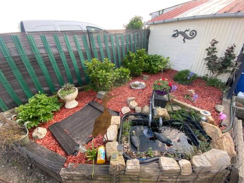 un jardin avec des plantes et des fleurs dans une arrière-cour dans l'établissement Maison de campagne, à Ribeaucourt
