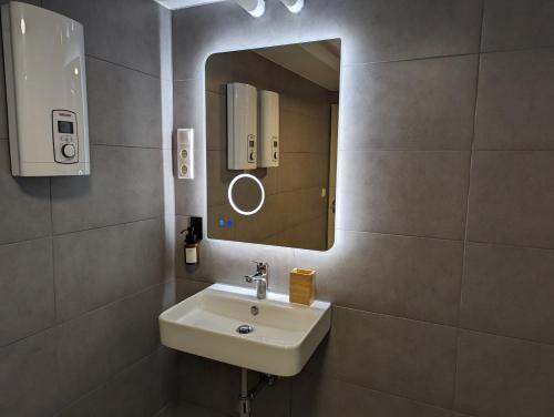 a bathroom with a sink and a mirror at HarmoNest 1 Mgladbach South in Mönchengladbach