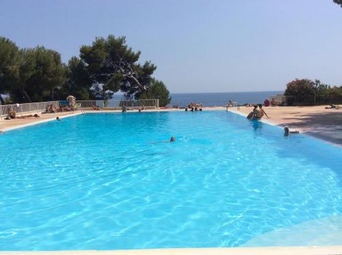 une grande piscine avec des gens dans l'eau dans l'établissement Studio dans résidence privée paradisiaque, à Bandol