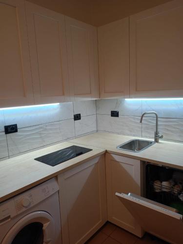 a kitchen with a sink and a washing machine at ScaLOVEa in Scalea