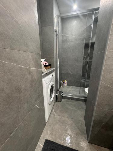 La salle de bains est pourvue d'un lave-linge et d'une douche. dans l'établissement Azur évasion, à Sainte-Maxime