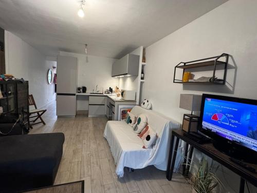 un salon avec un canapé blanc et une télévision dans l'établissement Azur évasion, à Sainte-Maxime