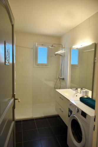 a bathroom with a sink and a washing machine at Paradis Provencal Le Calme total, Grande Piscine et Jacuzzi Chauffé, Salle de Jeux et Fresque du Nougat, Intimité in Montélimar