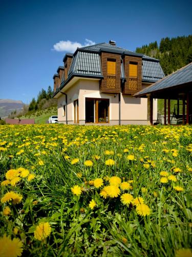 a house in a field of yellow flowers at Luxury Villa Kadic in Bjelašnica