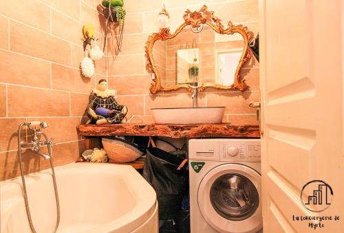 une salle de bain avec un lavabo et une machine à laver dans l'établissement Lamarque, à Albi