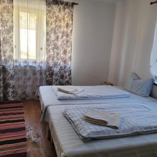 two twin beds in a room with a window at Casa cu struț Malancrav in Mălîncrav